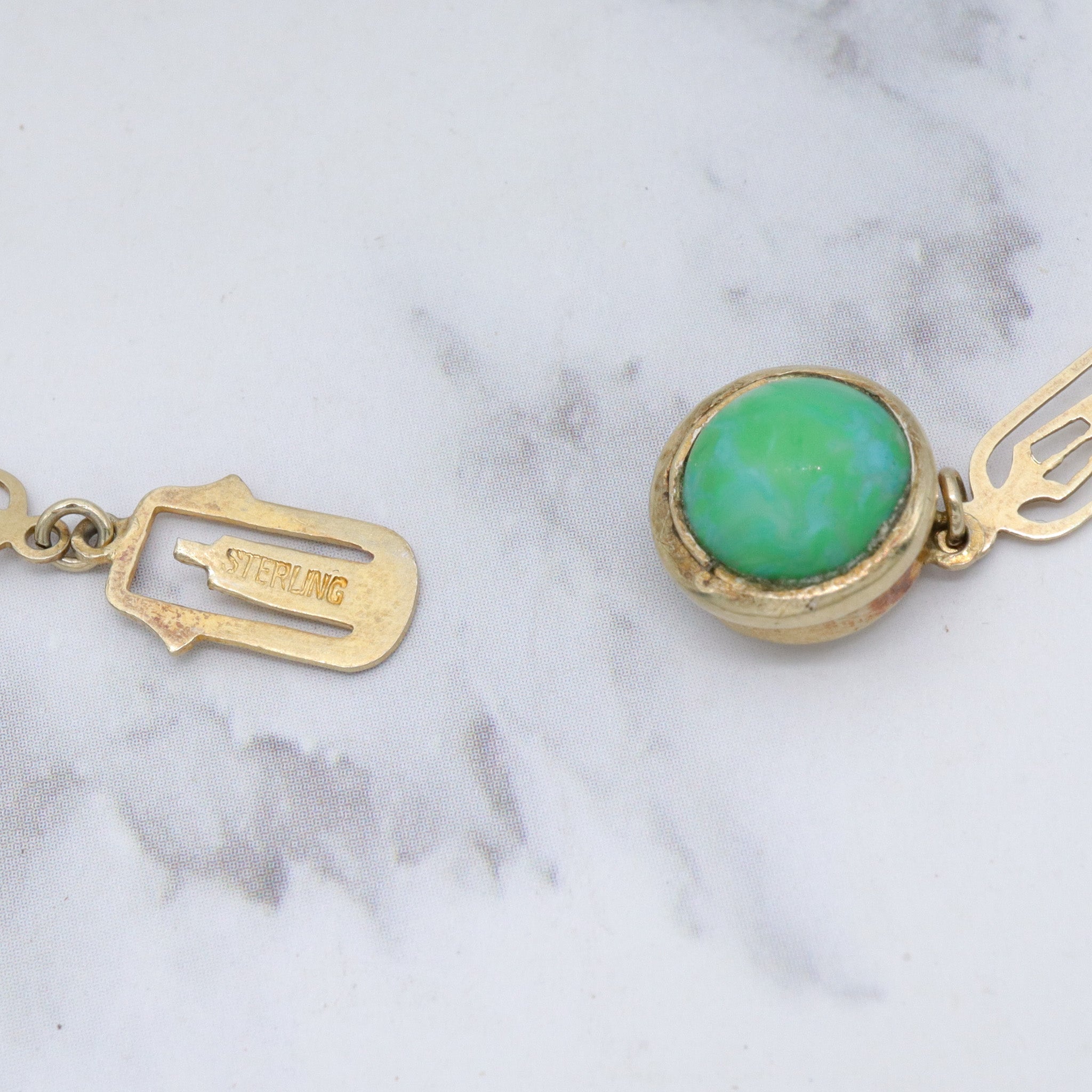Antique art deco Chinese vermeil sterling tile link & peking glass cabochons necklace - 15"